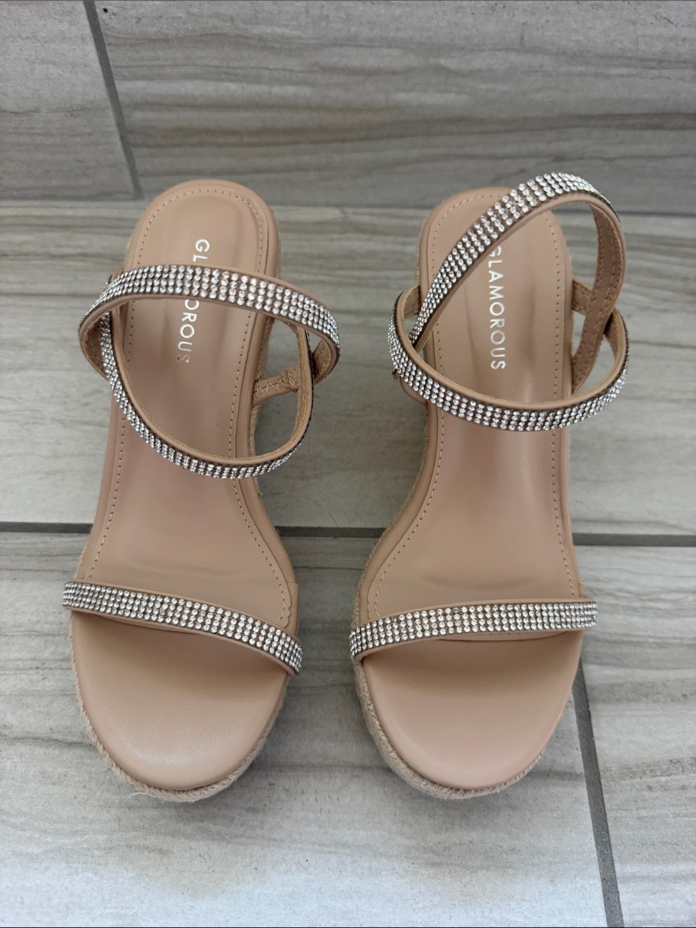 Glamorous Beige Rhinestone Strap Heels NWOT